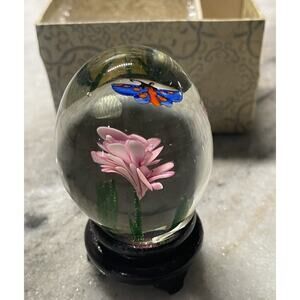 Vintage Butterfly Flower Bubble Art Glass Paperweight With Stand